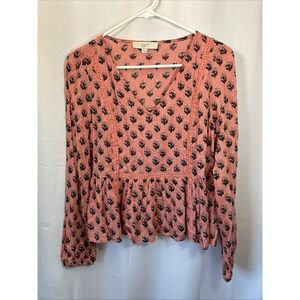 LOFT Pink Floral Peplum Blouse Boho Long Sleeve V Neck Lace Trim Top Small